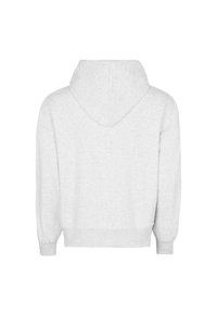Grau geschnittenes Hoodie mit einer Kordelzugkapuze, langen Ärmeln und gerippten Bündchen. Der Stoff wirkt weich mit einer strukturierten Oberfläche.