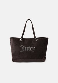 Svart sammetstotepåse med silverhål och en rhinestone "Juicy"-logotyp på framsidan. Har två starka tyghandtag.