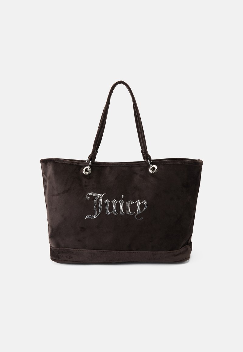 Svart sammetstotepåse med silverhål och en rhinestone "Juicy"-logotyp på framsidan. Har två starka tyghandtag.