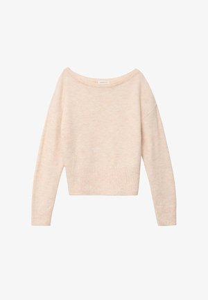 Pull en maille beige à manches longues avec un large col rond dégagé et des poignets et ourlet côtelés.