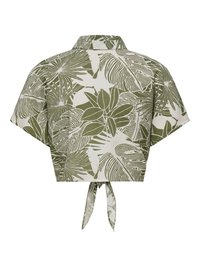 Chemise courte à manches courtes avec imprimé de feuilles tropicales vertes et blanches et détail noué à l'ourlet arrière.