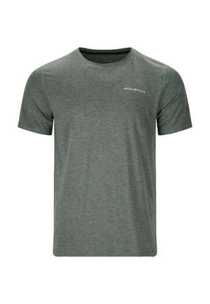 Donkergroene gemêleerde t-shirt met korte mouwen en ronde hals, met een klein wit logo "ENDURANCE" op de linkerkant van de borst.