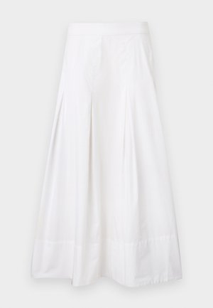 Pantalon blanc à jambes larges avec plis et taille haute, fabriqué en tissu léger.