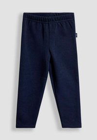 Sötétkék gyermek leggings, elasztikus derékkal, egyenes lábrésszel és kis textil márkacímkével a jobb oldalon.