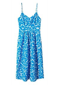 Robe à motif floral bleu avec des bretelles fines, un corps ajusté et une jupe évasée, fabriquée dans un tissu léger avec une texture lisse.