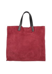 Borsa a spalla in suede rosso con manici in pelle nera. La borsa presenta una forma rettangolare semplice e dettagli di cucitura visibili.