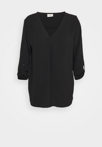 Schwarze Bluse aus einem leichten, strukturierten Stoff mit V-Ausschnitt, Dreiviertelärmeln und geknöpften Manschetten. Schlichtes, ungeschmücktes Design.