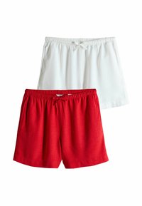 Zwei Shorts: eine weiße mit strukturiertem Stoff, die andere knallrot, beide mit einem elastischen Bund und Kordelzug.