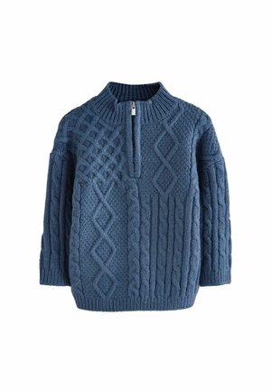 Blå strikket sweater med kabel- og diamantmønstre, ribbet krave, manchetter og bundkant, med kort frontlynlås.