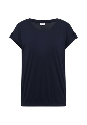Dunkel marineblaue Damenbluse mit kurzen Ärmeln, rundem Halsausschnitt und geknöpften Details an den aufgekrempelten Ärmeln.
