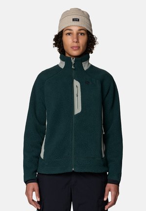 Person trägt eine dunkelgrüne Fleecejacke mit hellgrauen Akzenten und eine beige gesteppte Mütze, blickt nach vorne vor einem schlichten Hintergrund.