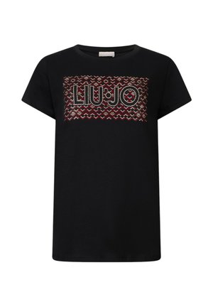 Zwart katoenen T-shirt met korte mouwen en een ronde halslijn, voorzien van een decoratief meerkleurig geometrisch patroon en de tekst "LIU JO" in strass steentjes.