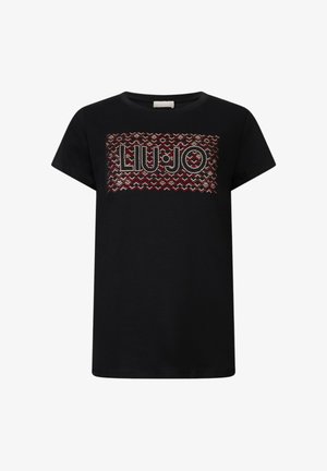 Zwart katoenen T-shirt met korte mouwen en een ronde halslijn, voorzien van een decoratief meerkleurig geometrisch patroon en de tekst "LIU JO" in strass steentjes.