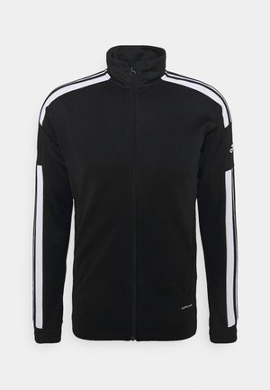 Schwarze Zip-Jacke mit hohem Kragen, ausgestattet mit weißen Streifen entlang der Schultern und Armel. Hergestellt aus weichem, glattem Stoff.