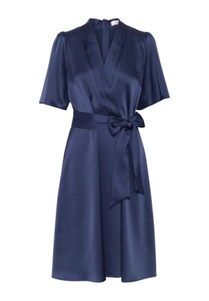 Navy wrap dress in smooth fabric, featuring short sleeves, a V-neckline, and a tie belt at the waist, with a flared skirt and subtle texture.
