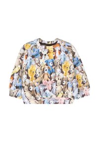 Langarmtop met een kleurrijke print van verschillende knuffeldieren, voornamelijk in blauw, bruin en geel, op een lichtbruine achtergrond.