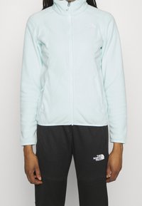 Personne portant une veste polaire zippée bleu clair et un pantalon noir avec le logo blanc "The North Face" sur les deux vêtements, debout devant un fond uni.