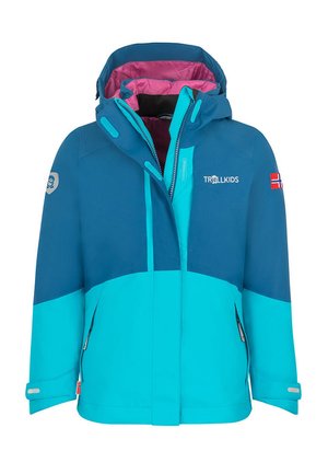 Blue and teal waterproof jacket with a hood, zippered pockets, and a pink lining. Features logo accents and a color-block design.