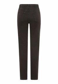 Dunkelbraune Jeanshose mit geradem Schnitt, ausgestattet mit zwei Gesäßtaschen und einem Bund, glatte Textur und minimalistische Nähdetails.