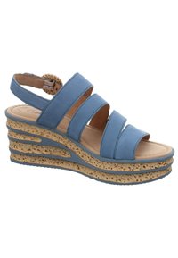 Sandales à talons bleues avec trois larges brides, semelle en liège texturée à motif ajouré et bride de talon réglable.