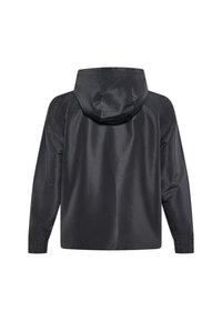 Sort hættetrøje lavet af et glat, let stof. Har elastiske manchetter og en afslappet pasform, der viser et minimalistisk, moderne design.