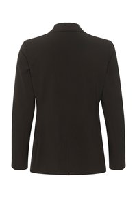 Blazer noir ajusté avec un revers cranté, texture lisse, fente arrière simple et manches longues. Design épuré et moderne sans ornements.