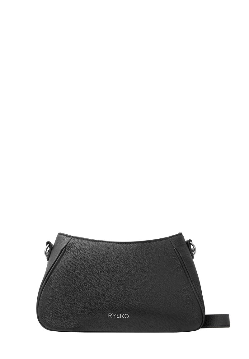 Borsa a spalla in pelle nera con un design strutturato, caratterizzata da una sottile texture a grana e una tracolla regolabile. Accentuata da un dettaglio del logo.