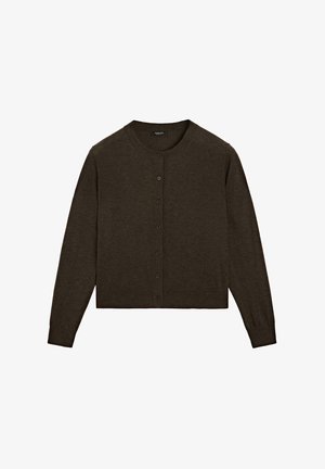 Mörkbrun cardigan gjord av mjukt material, med en rund halsringning, knappformad stängning fram, långa ärmar och en kortad fåll.