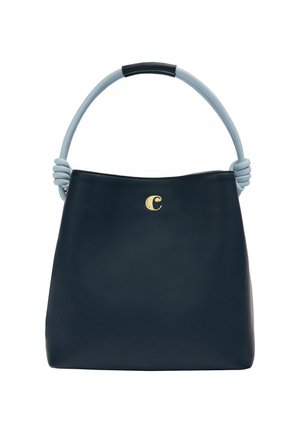Navy leather handbag with a light blue twisted handle and a gold logo accent. Soft texture, structured shape, and open-top design.