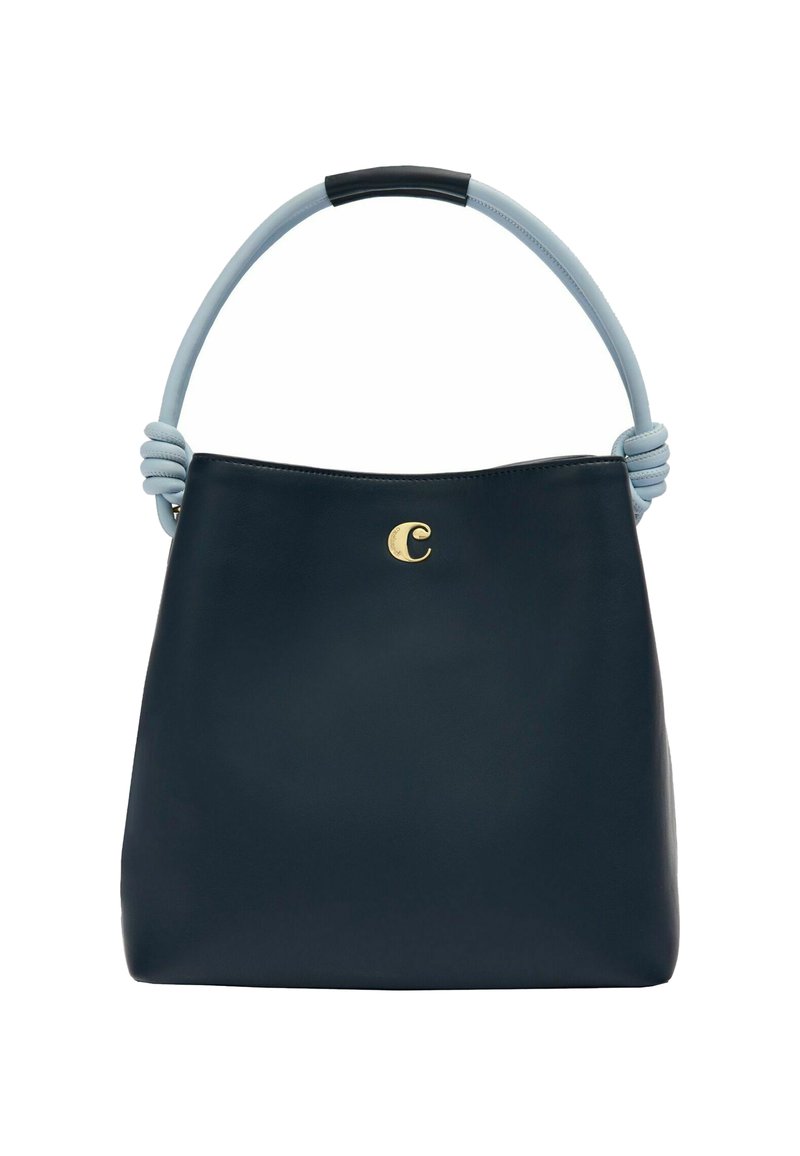 Navy leather handbag with a light blue twisted handle and a gold logo accent. Soft texture, structured shape, and open-top design.