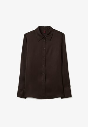 Dark brown long-sleeve shirt with a pointed collar, front button closure, and smooth, lightweight fabric. Features a straight hem and cuffs.