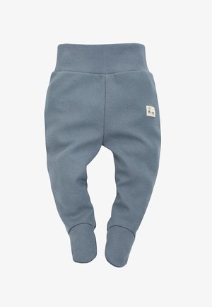 Miękkie niebieskie spodnie niemowlęce z wbudowanymi stopami i prążkowanym pasem, zdobione małą białą naszywką z ikoną hulajnogi po prawej stronie.