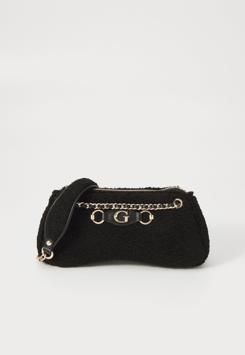 Black pouch bag made of textured fabric with gold chain detail and a leather strap. Features a zip closure and logo accent in the front.