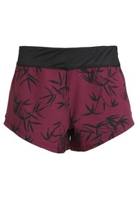 Burgundy shortsit musta mustalla joustavalla vyötäröllä, jossa on musta bambulehtikuosi sileässä kankaassa. Suunniteltu mukavuutta ja liikkuvuutta varten.