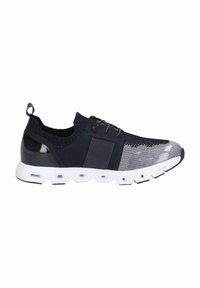 Sport shoes with a navy knit upper, textured grey mesh detail, white sole with hexagonal cutouts, and black rubber accents.
