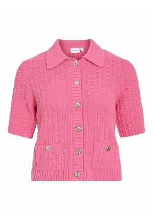 Kurze Ärmel, rosa gestrickte Strickjacke mit Kragen, Knopfleiste und zwei vorderen Taschen mit silberfarbenen Knöpfen und gerippten Akzenten.