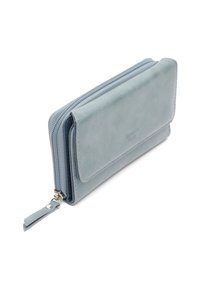 Šviesiai mėlynos odinės piniginės, su užtrauktuku, lygiu paviršiumi ir dangteliu su spauda. Apima nuimamą riešo dirželį.