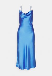 Blue satin slip dress with a cowl neckline, thin adjustable straps, and a fitted silhouette, falling to mid-calf with a smooth texture.