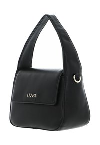 Sac à main en cuir noir avec une seule poignée, rabat pliant, détail du logo doré, et une forme compacte et angulaire. Texture lisse, sans motifs visibles.