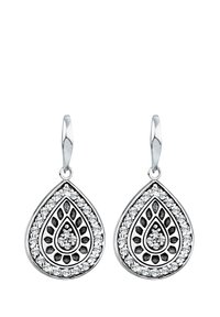 Sølvfarvede øreringe med dråbeform, indviklede sorte mønstre og klare gemstone accenter, med en løkke til fastgørelse.