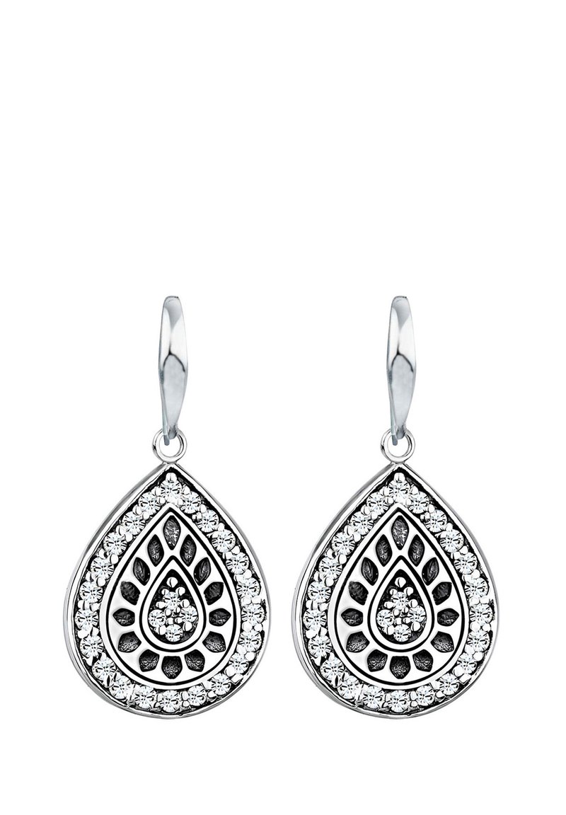 Sølvfarvede øreringe med dråbeform, indviklede sorte mønstre og klare gemstone accenter, med en løkke til fastgørelse.