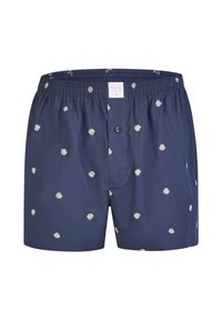 Boxer in cotone blu navy con un elastico in vita, caratterizzati da motivi a pois bianchi e una chiusura a bottoni sul davanti.