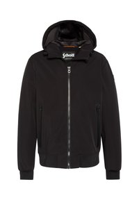 Giacca nera con zip frontale, due tasche laterali con zip e cappuccio. Realizzata in un materiale liscio e leggero, con vita e polsini aderenti.