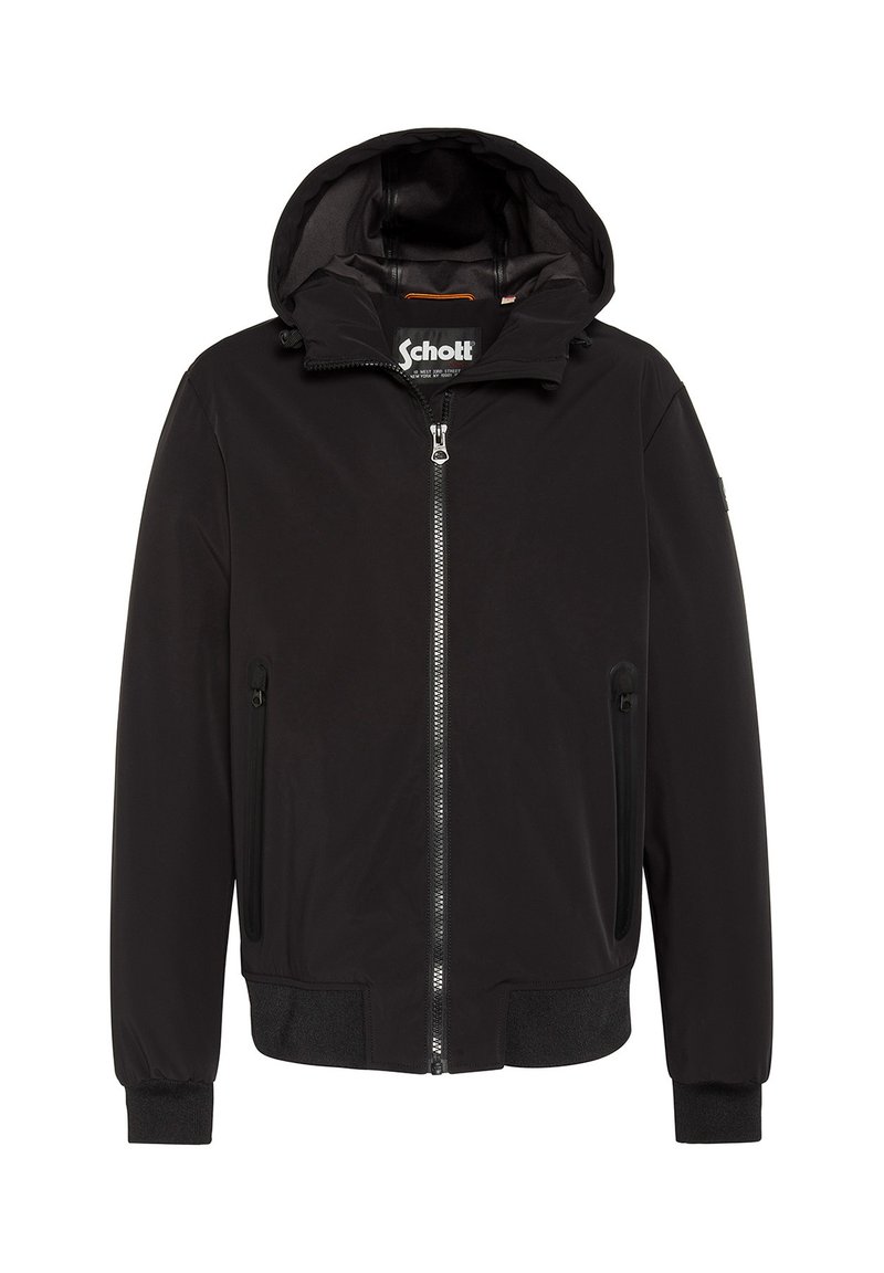 Giacca nera con zip frontale, due tasche laterali con zip e cappuccio. Realizzata in un materiale liscio e leggero, con vita e polsini aderenti.