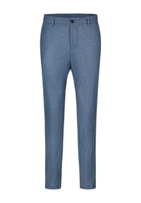 Lichtblauwe, op maat gemaakte broek van geweven stof, met een platte voorkant, een enkele knoopsluiting en een taperende pijp ontwerp.