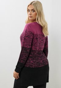 Długi sweter w gradientowych odcieniach różu i czerni. Dzianinowa tekstura, okrągły dekolt i ściągacze. Linia hemu spada poniżej bioder.