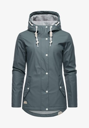 Voděodolná bunda s kapucí v barvě smaragdově modré, s dvěma předními kapsami, bílými knoflíky a měkkou šedou podšívkou. Hladký povrch s nastavitelnými provazy.