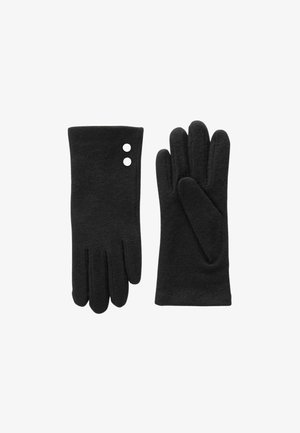 Guantes de lana negra con una textura suave, que presentan dos botones blancos en la muñeca y un diseño ajustado para calidez y comodidad.