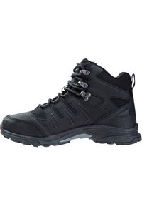Schwarze Wanderschuhe mit synthetischem Obermaterial, Mesh-Einsätzen und Gummisohle. Verfügt über Metallösen und eine verstärkte Zehenkappe für besondere Haltbarkeit.