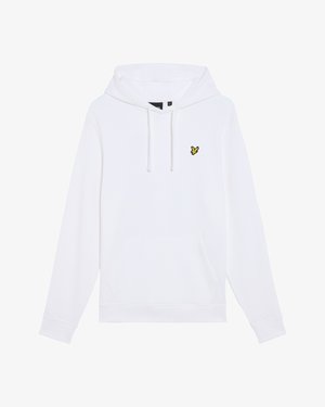 Bijela dukserica s kapuljačom napravljena od mekog materijala. Ima prednji kenguru džep i mali žuti ptičji logo na lijevoj strani prsiju.